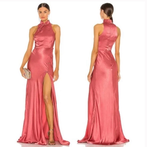 SAU LEE Michelle Gown Terracotta Pink Silk Satin Maxi Dress Qipao - Picture 1 of 7
